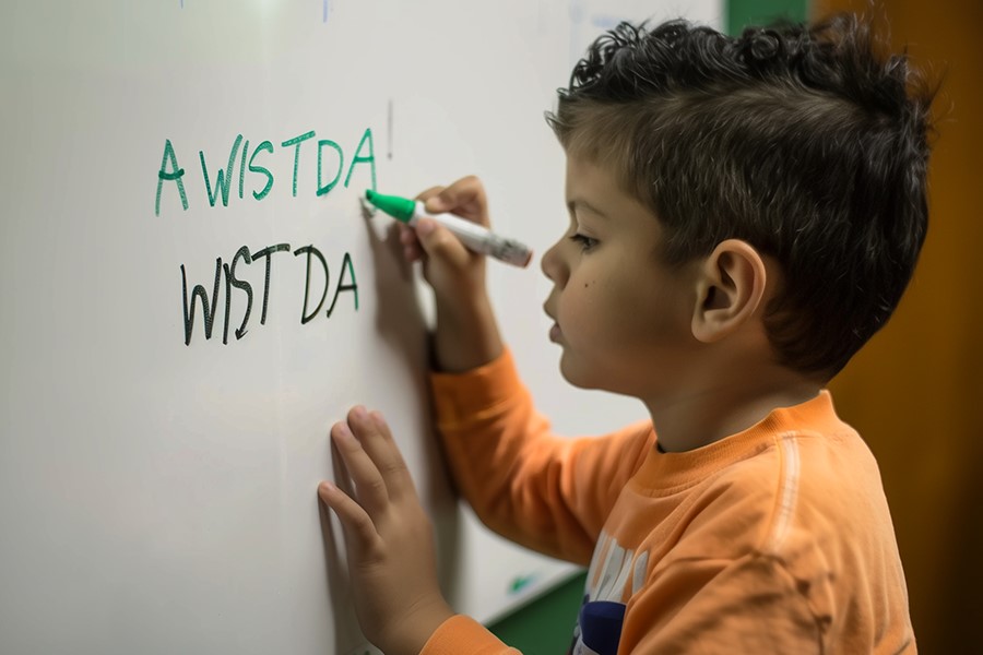 Ni&ntilde;o con disgrafia intentando escribir en el pizarr&oacute;n.